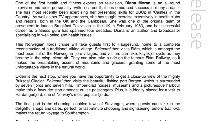 ‘Green Goddess’ Diana Moran joins a  Fred. Olsen Cruise Lines’ voyage to Norway