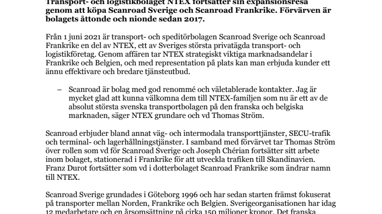 NTEX förvärvar Scanroad Sverige och Frankrike – blir en av Sveriges största speditörer på Frankrike och Belgien