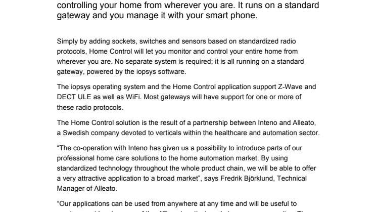 Inteno launches new Home Control: Home automation wherever you are 