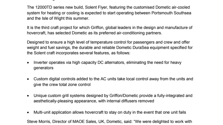 Dometic: Griffon Hoverwork Selects Dometic Air-Conditioning Solution for New Showcase Hovercraft     
