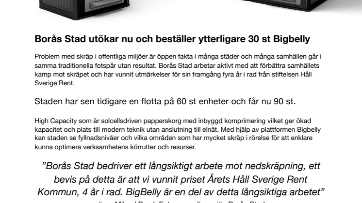 Borås Stad utökar och beställer ytterligare 30 st smarta papperskorgar från Bigbelly