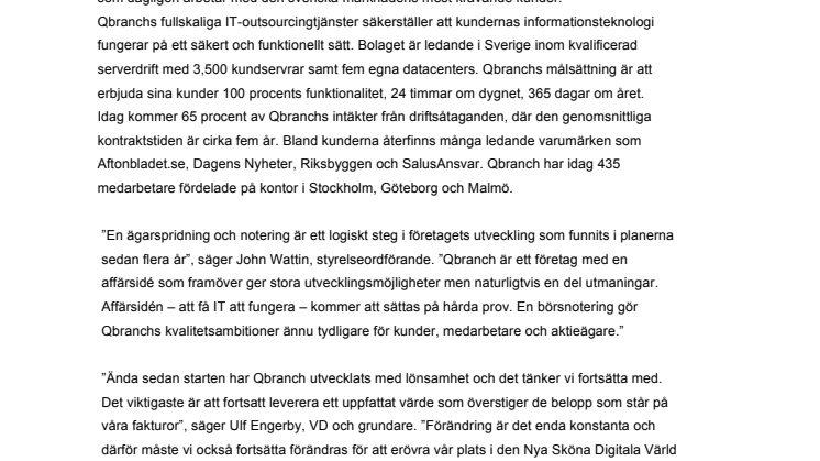 QBRANCH PLANERAR BÖRSNOTERING
