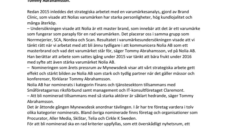 Nolia AB nominerat till årets  nyhetsrum