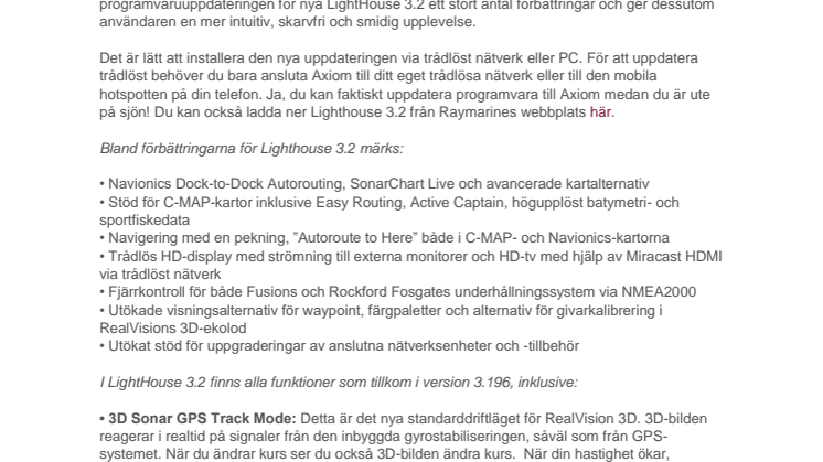 Raymarine: Programvaruuppdatering för Raymarine Axiom: Nya LightHouse 3.2 innehåller ytterligare förbättringar