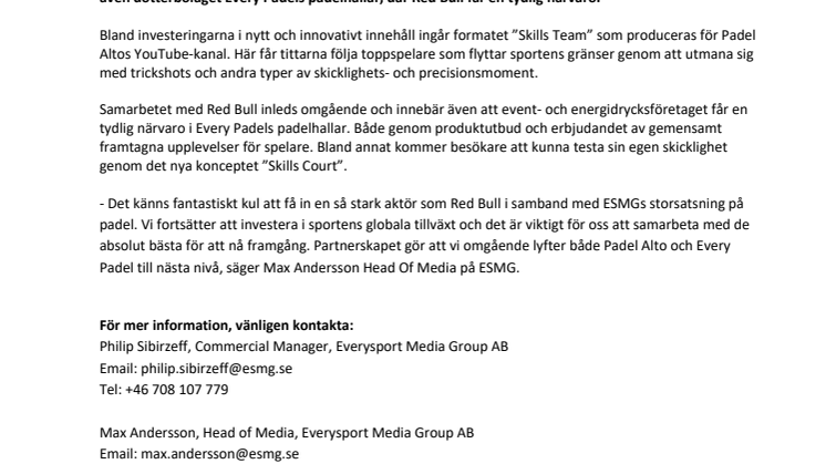 Everysport Media Group fortsätter sin satsning på padel i samarbete med Red Bull