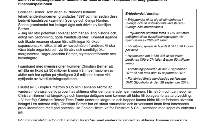 Christian Berner Tech Trade AB (publ) till First North – försäljningspriset fastställt till 13,30 kronor