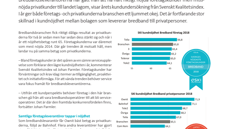 Svenskt Kvalitetsindex bredbandsleverantörer 2018
