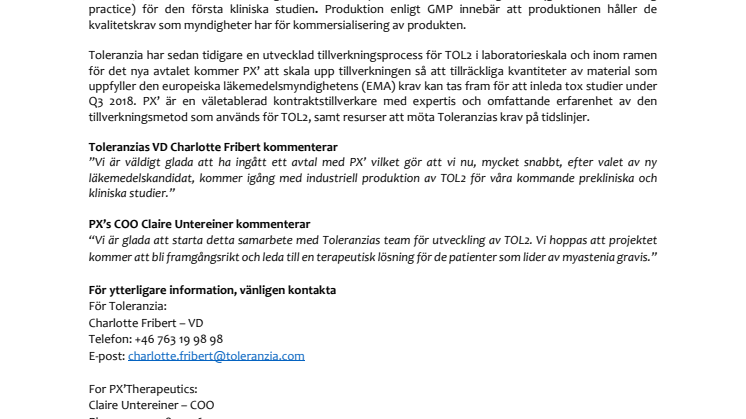 Toleranzia AB ingår avtal med PX’Therapeutics avseende storskalig tillverkning av TOL2