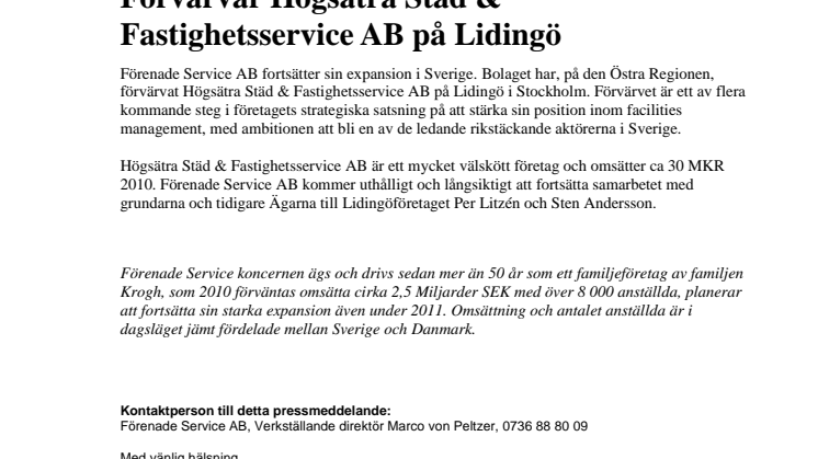 Förenade Service AB förvärvar Högsätra Städ & Fastighetsservice AB på Lidingö