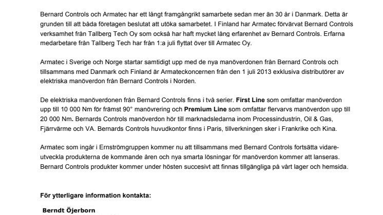 Armatec säljer nu elektriska manöverdon från BERNARD CONTROLS i hela Norden.