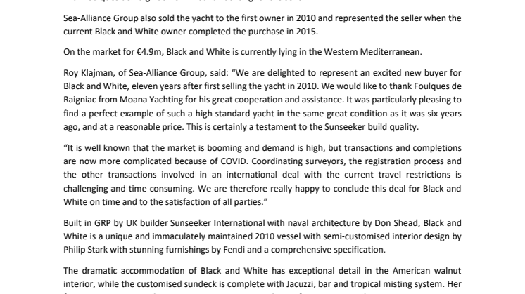 Sea-Alliance Group Announces its Third Successful Sale of Sunseeker Superyacht Black and White