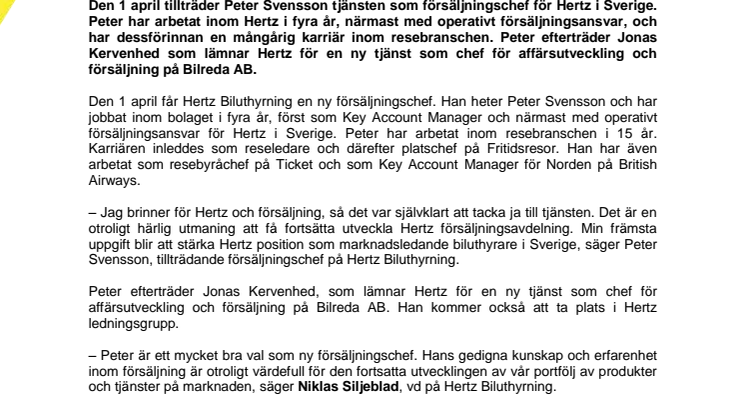 Peter Svensson blir ny försäljningschef på Hertz