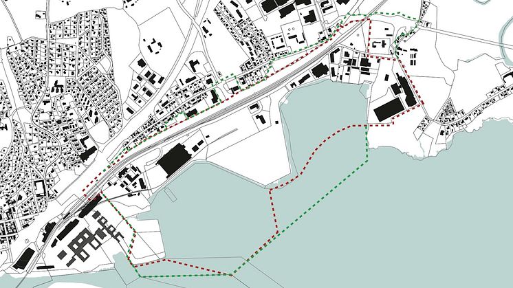 Grønn linje viser utvidelsen av planområdet for Fjordbyen Lier og Drammen. 
