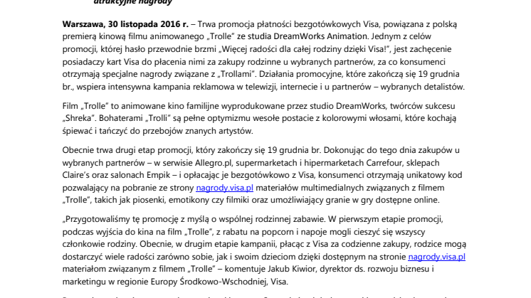 Trwa promocja Visa powiązana z kinową premierą filmu „Trolle”