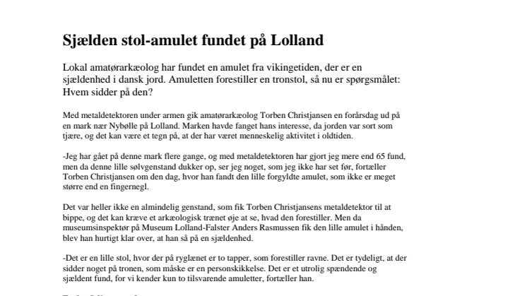 Sjælden stol-amulet fundet på Lolland
