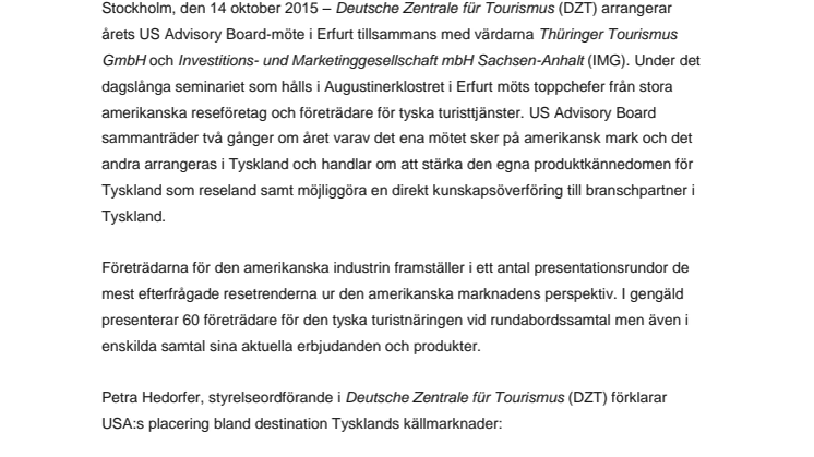 Viktiga beslutsfattare från amerikanska resebranschen på DZT-workshop i Erfurt