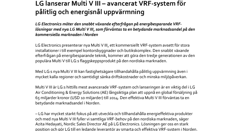 LG lanserar Multi V III – avancerat VRF-system för pålitlig och energisnål uppvärmning 