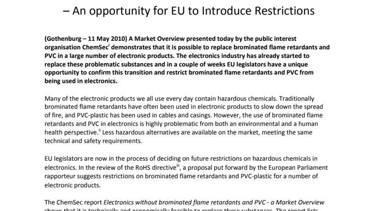 Electronics Industry Moving Away From Brominated Flame Retardants and PVC  – An opportunity for EU to Introduce Restrictions 