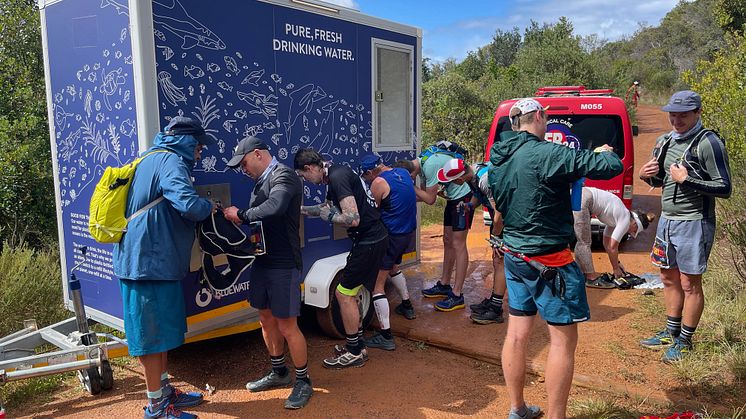 Hydrating is key for ultra distance runners so the Bluewater refill station is more than a welcome sight during the awesome Cape Town Trail test of endurance