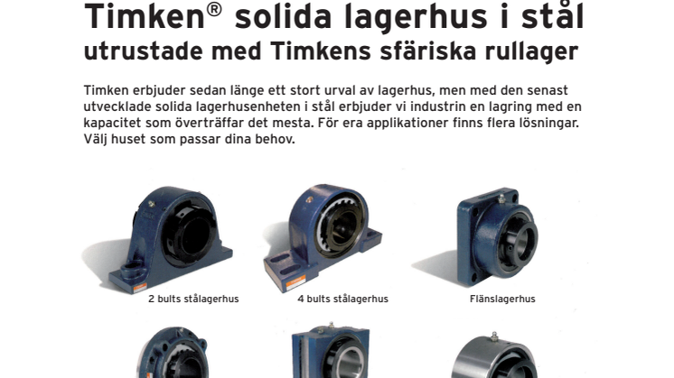 NYHET - Timken® solida lagerhus i stål utrustade med Timkens sfäriska rullager