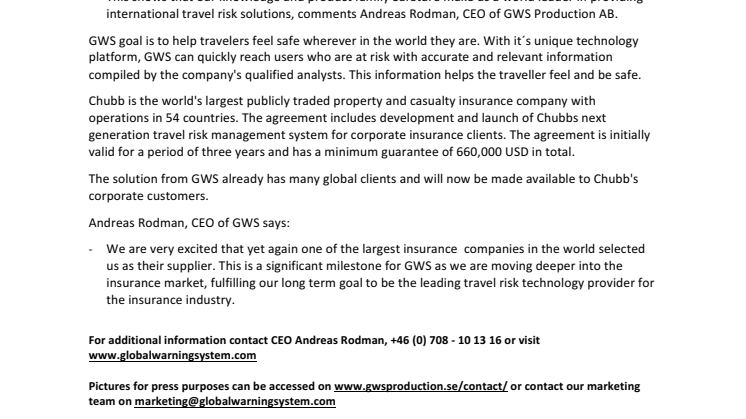 Global Insurance giant Chubb signs agreement with GWS Production AB