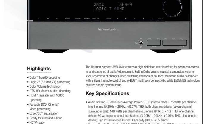 Harman kardon AVR 460 specifikation