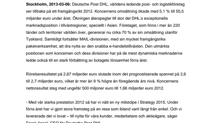 Fortsatt tillväxt för Deutsche Post DHL – resultatprognos för 2012 uppnådd