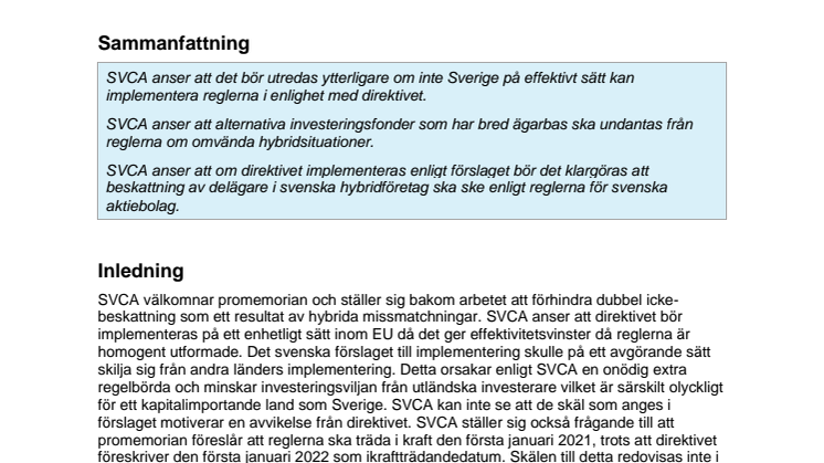 Promemorian ”Genomförande av bestämmelsen i EU:s direktiv mot skatteundandraganden för att motverka omvända hybrida missmatchningar”