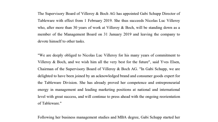Changes on the Management Board: Gabi Schupp to become new Director of Tableware at Villeroy & Boch AG