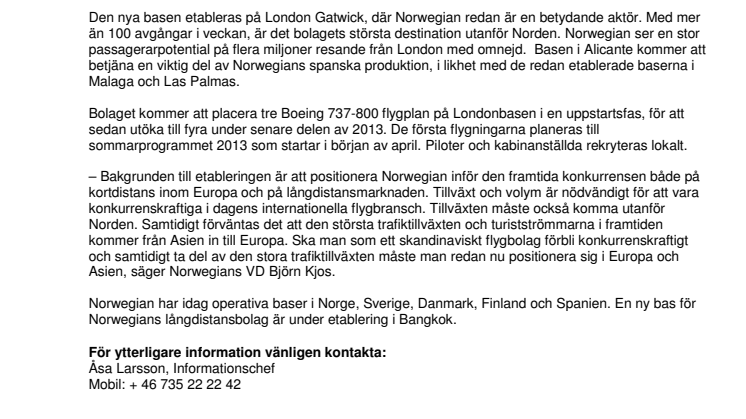 Norwegian etablerar två nya baser i London och i Alicante