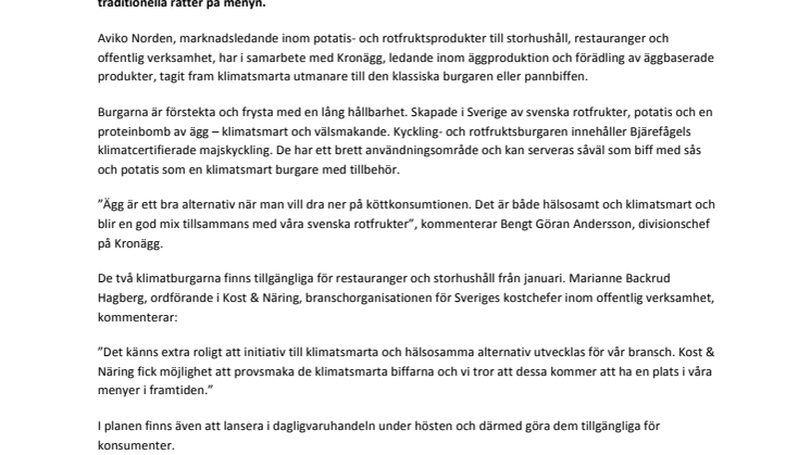 Aviko Norden och Kronägg lanserar klimatsmarta svenska burgare  