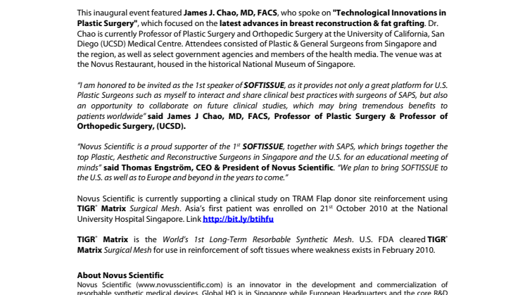 Novus Scientific and Singapore Association of Plastic Surgeons (SAPS) host the inaugural event of “SOFTISSUE – The Issue of Soft Tissue”