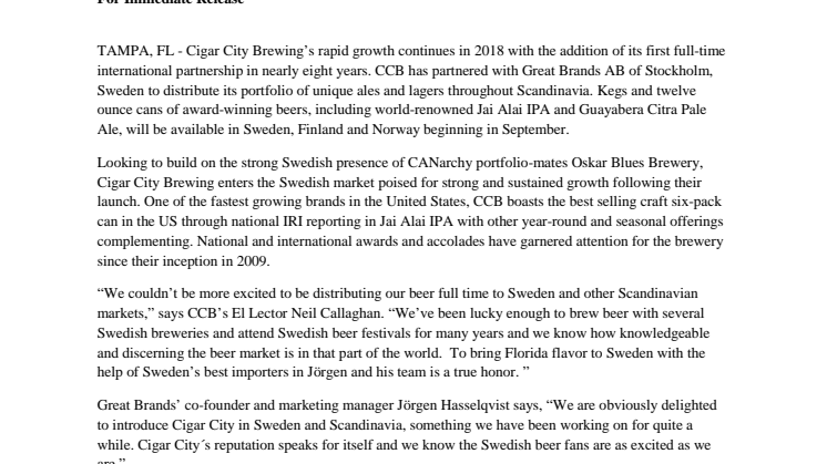 Cigar City Brewing Pressrelease