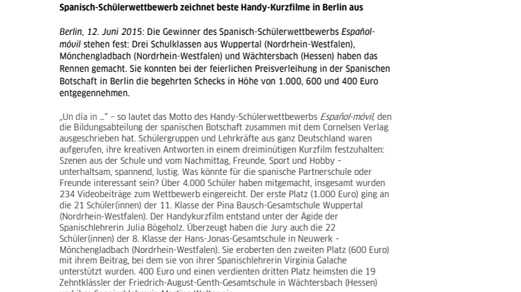 Spanisch-Schülerwettbewerb "Español-móvil" zeichnet beste Handy-Kurzfilme in Berlin aus 