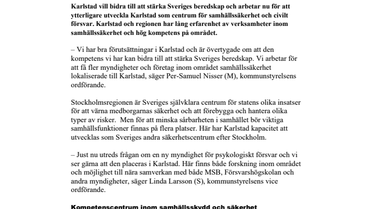 Karlstad ska stärkas som Sveriges andra säkerhetscentrum efter Stockholm
