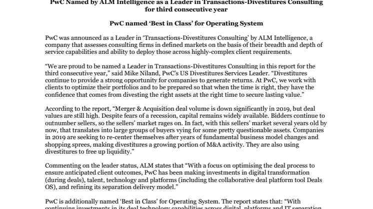 PwC Named by ALM Intelligence as a Leader in Transactions-Divestitures Consulting for third consecutive year