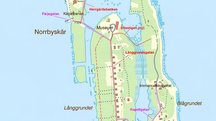 Kartbilden visar sex av de namngivna gatorna på Norrbyskär, öppna bilden för att se de övriga två. 
