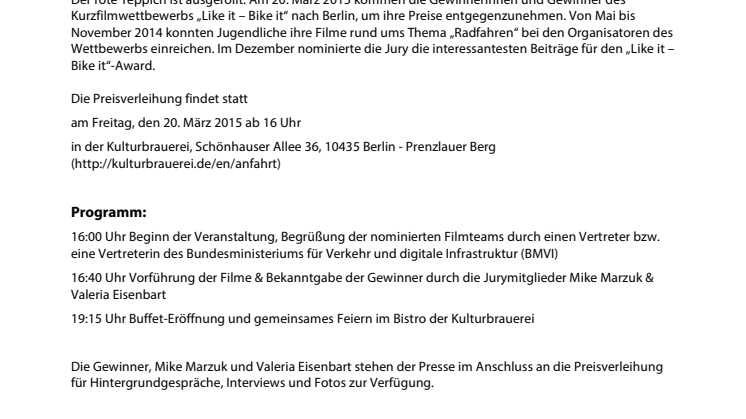 Preisverleihung des Jugend-Kurzfilmwettbewerbs „Like it – Bike it“ am 20. März in Berlin