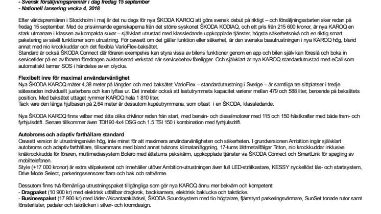 Försäljningsstart för nya ŠKODA KAROQ – från 215 600 kr