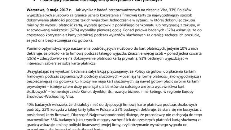 Badanie Visa: karta najwygodniejszą formą płatności podczas podróży służbowych