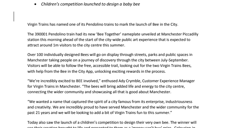 Virgin Trains names train to mark the launch of Bee in the City 