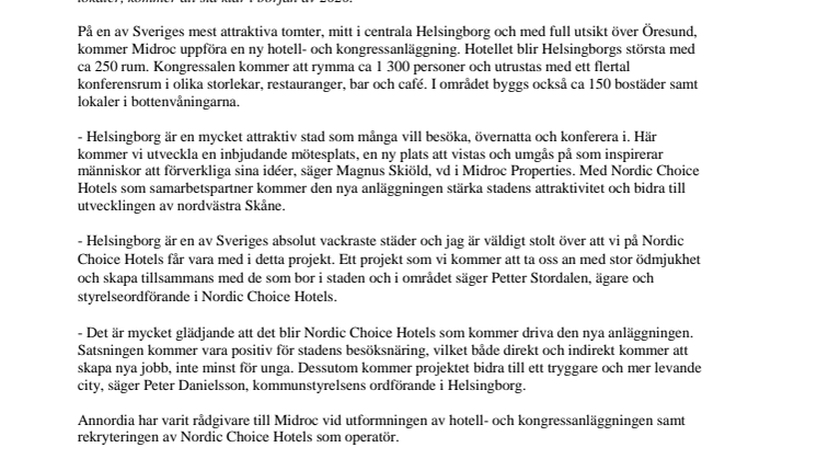 Midrocs nya hotell- och kongressanläggning i Helsingborg kommer att drivas av Nordic Choice Hotels 
