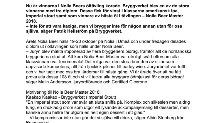 Chokladstout vann Nolia Beer Master 2018
