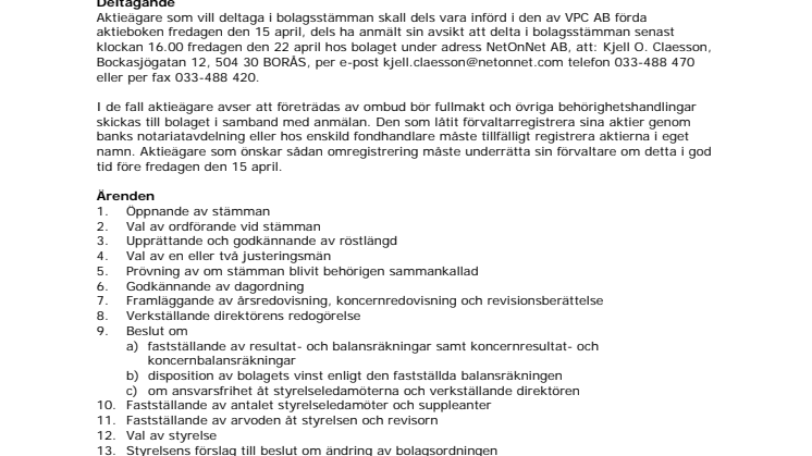 Kallelse till bolagsstämma i NetOnNet AB (publ)