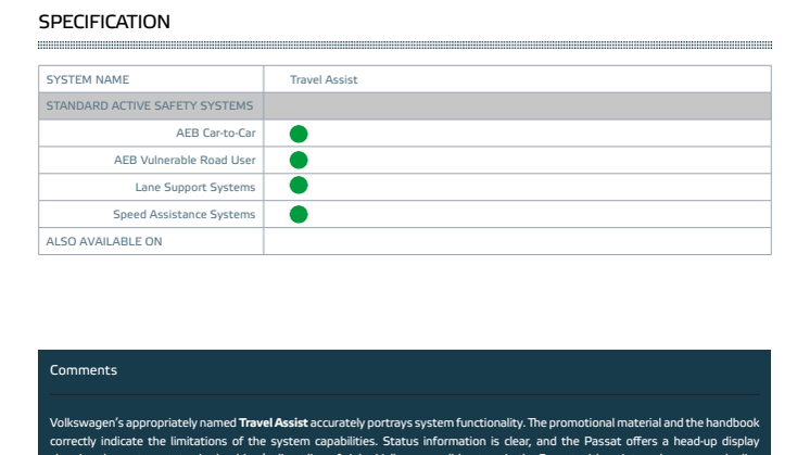 Volkswagen Passat Euro NCAP Assisted Driving Grading datasheet