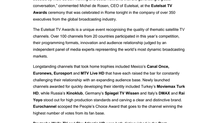 Winners of the Eutelsat TV Awards 2014 spotlight exceptional creativity, innovation and technical excellence