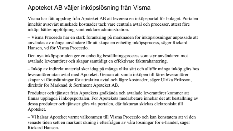 Apoteket AB väljer inköpslösning från Visma
