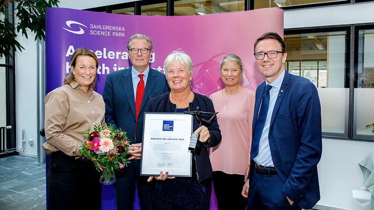 Ceremony at Park Annual on 1 Oct 2020. Charlotta Gummeson, CEO, Sahlgrenska SP, Leif Johansson, Chairman of the board, AstraZeneca, Anna-Carin Olin, PExA, Marianne Dicander Alexandersson, Chairman of the Board, Sahlgrenska SP, Jens Nielsen, CEO, BII