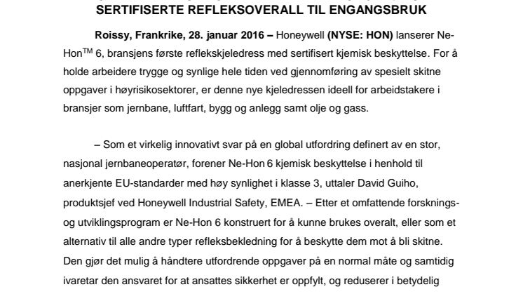 Honeywell lyser opp veien med Ne-Hon 6 – første sertifiserte refleksoverall til engangsbruk