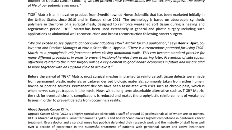 Uppsala Cancer Clinic chooses TIGR® Matrix, advanced polymer technology from Novus Scientific, to further improve patient care